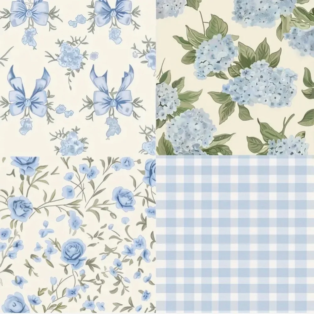 Four-in-One Blue Floral Gingham Designs Luncheon Napkin, 20 pcs
